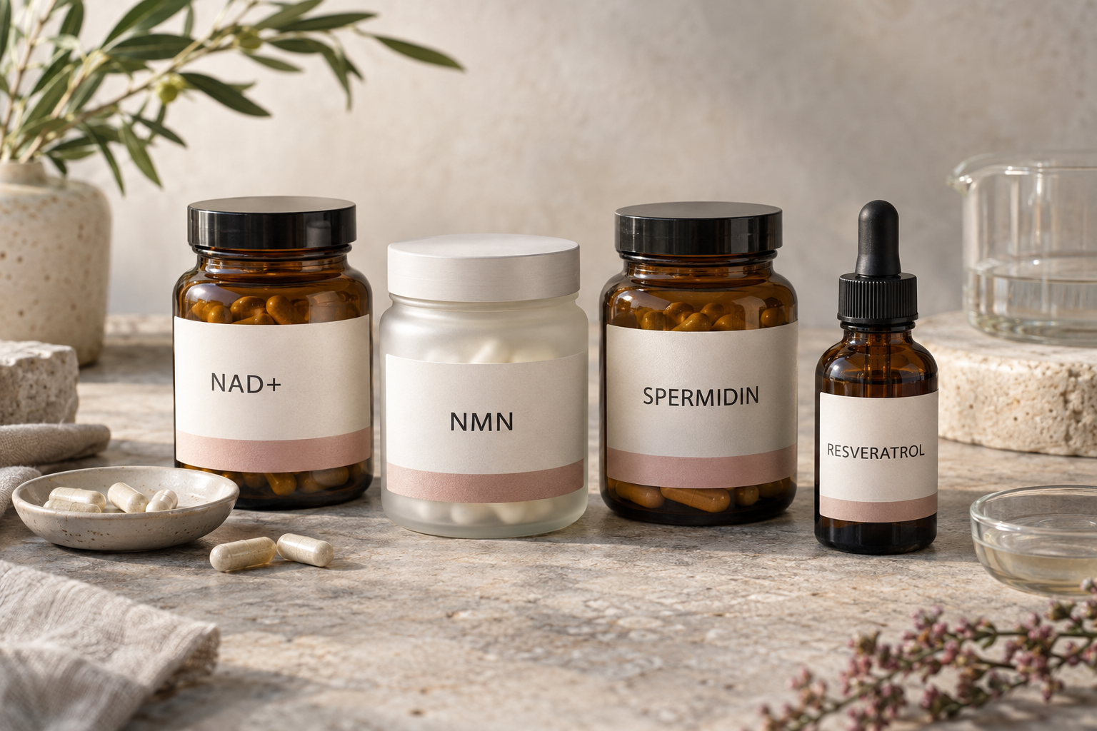 Fiktive Verpackungen für NAD+, NMN, Spermidin und Resveratrol auf einem hellen Tisch.